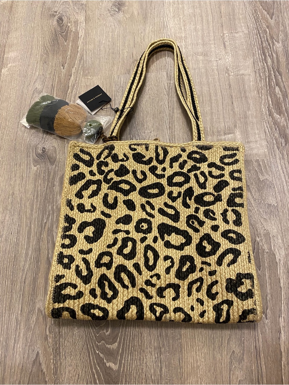 NEW America Beyond Leopard Print Jute Tassel Tote Bag Boho